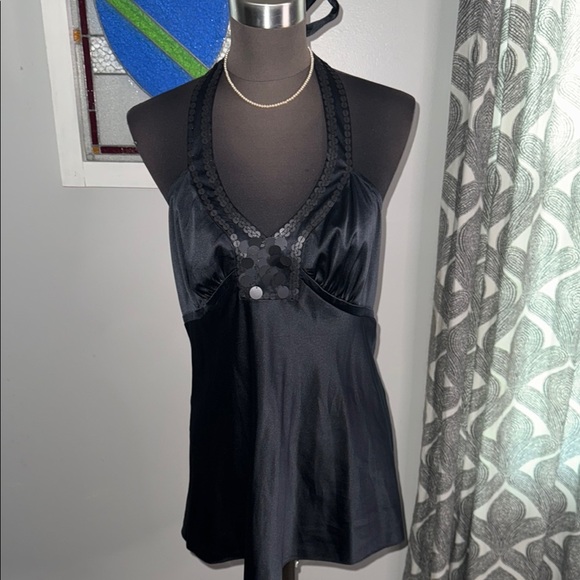 The Limited Tops - The Limited Y2K Black Satin Sequin Embellished Halter Top